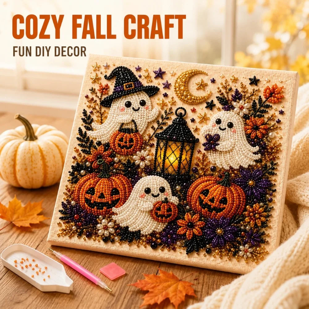 Halloween Pearl Art DIY Kit – Turn Tiny Pearls into Spooky-Cute Magic (Size:7.87in*7.87in)