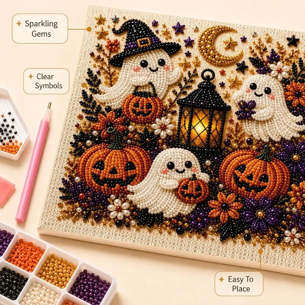 Halloween Pearl Art DIY Kit – Turn Tiny Pearls into Spooky-Cute Magic (Size:7.87in*7.87in)