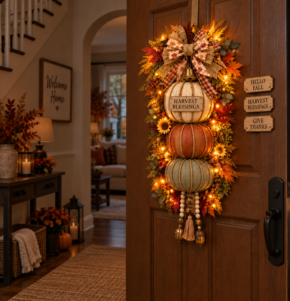 🏡🎃 Lighted Stacked Pumpkin Fall Door Decor