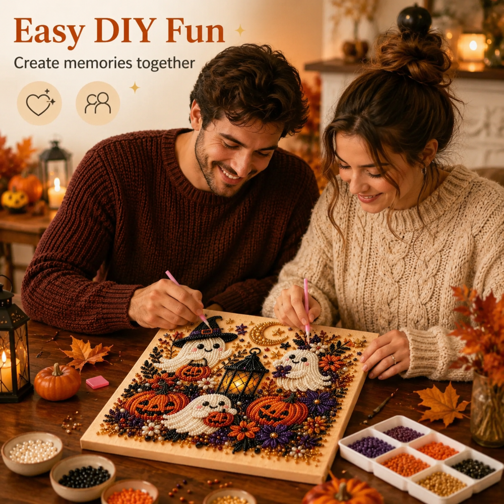 Halloween Pearl Art DIY Kit – Turn Tiny Pearls into Spooky-Cute Magic (Size:7.87in*7.87in)