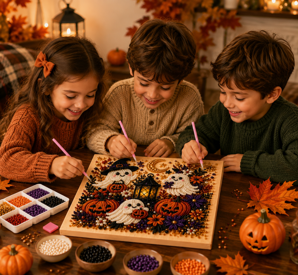 Halloween Pearl Art DIY Kit – Turn Tiny Pearls into Spooky-Cute Magic (Size:7.87in*7.87in)